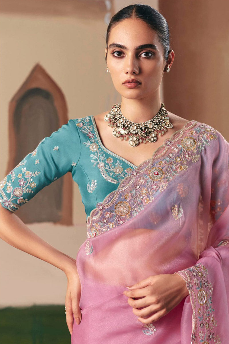 Trendy Pink Organza Saree for Bridesmaids & Special Occasions RTI