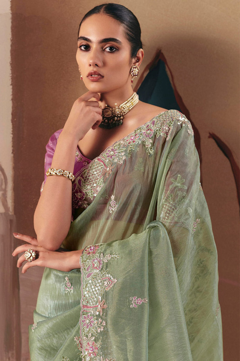 Sea Green Organza Saree with Zari & Sequin Work | UK Delivery RTI