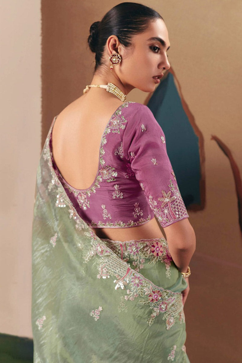Sea Green Organza Saree with Zari & Sequin Work | UK Delivery RTI