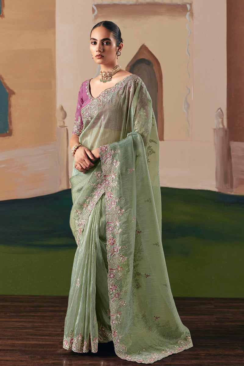 Sea Green Organza Saree with Zari & Sequin Work | UK Delivery RTI