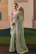 Sea Green Organza Saree with Zari & Sequin Work | UK Delivery RTI