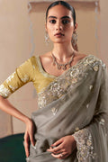 Grey Embroidered Saree with Rich Yellow Blouse – Elegant Party Wear RTI