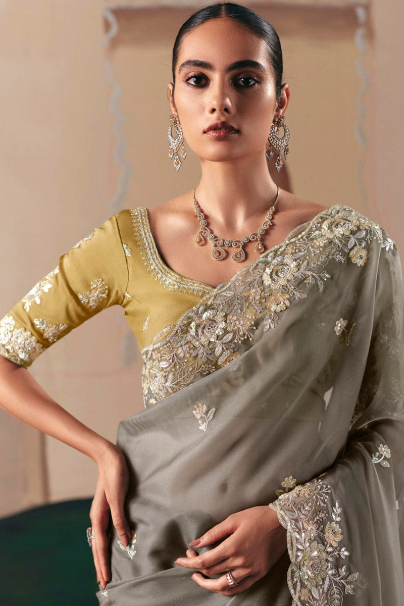 Grey Embroidered Saree with Rich Yellow Blouse – Elegant Party Wear RTI