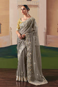 Grey Embroidered Saree with Rich Yellow Blouse – Elegant Party Wear RTI