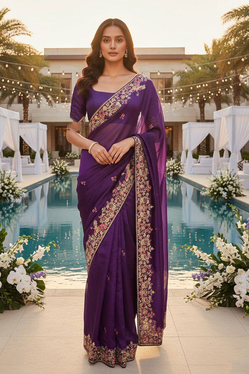 Regal Purple Embroidered Saree with Golden Floral Detailing RTI