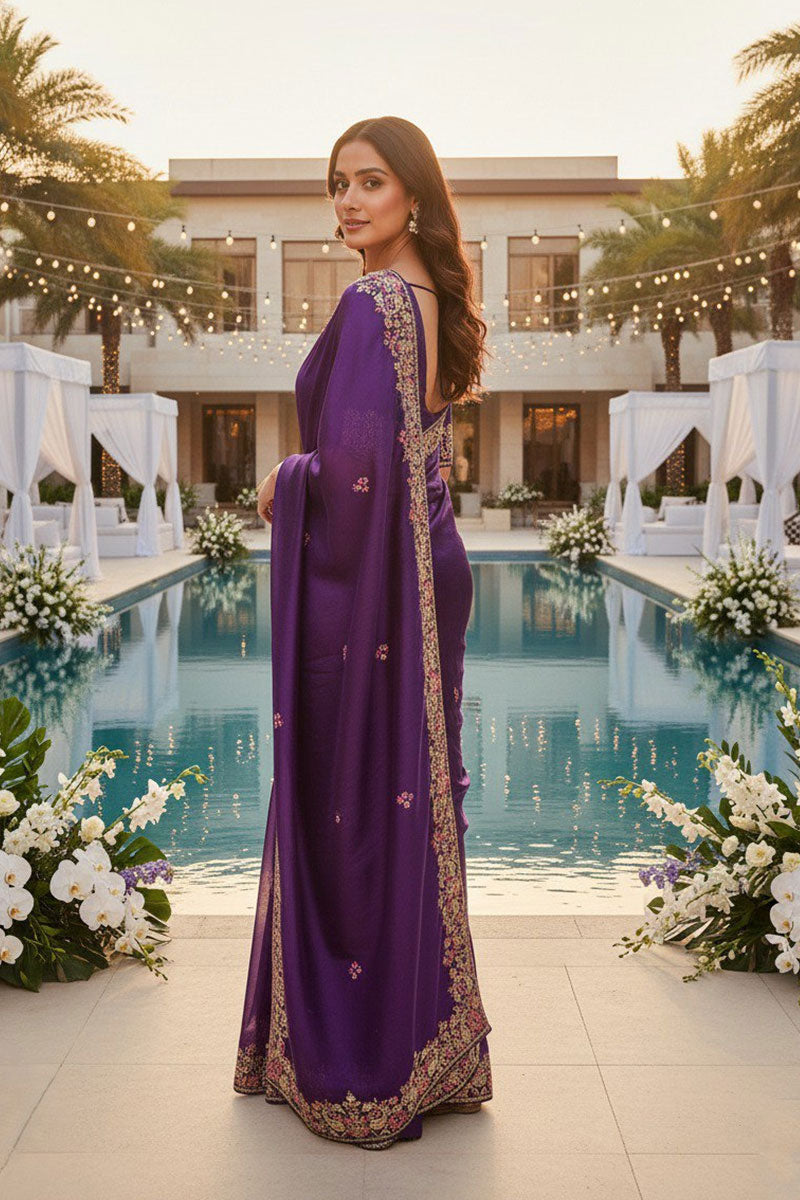 Regal Purple Embroidered Saree with Golden Floral Detailing RTI