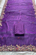 Regal Purple Embroidered Saree with Golden Floral Detailing RTI