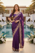 Regal Purple Embroidered Saree with Golden Floral Detailing RTI