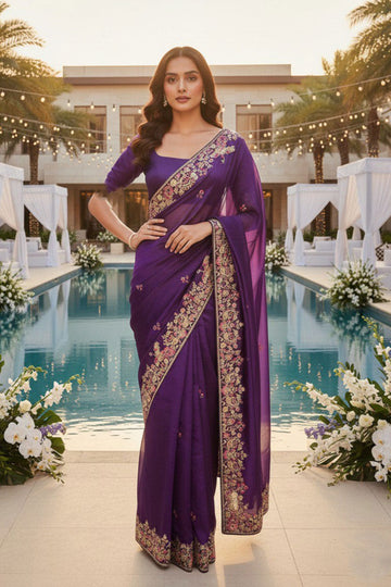 Regal Purple Embroidered Saree with Golden Floral Detailing RTI