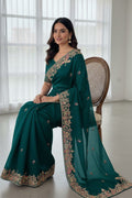 Designer Teal Embroidered Saree with Golden Floral Detailing RTI