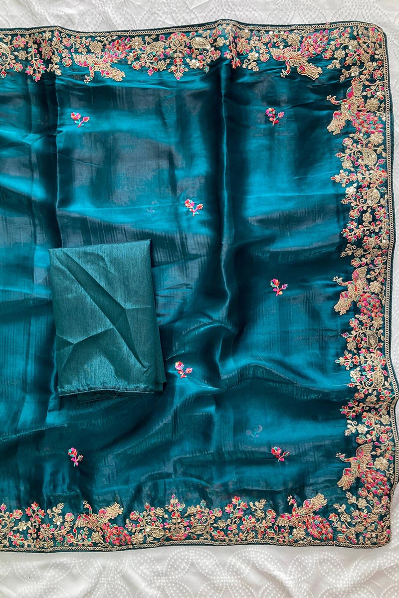 Designer Teal Embroidered Saree with Golden Floral Detailing RTI