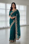 Designer Teal Embroidered Saree with Golden Floral Detailing RTI