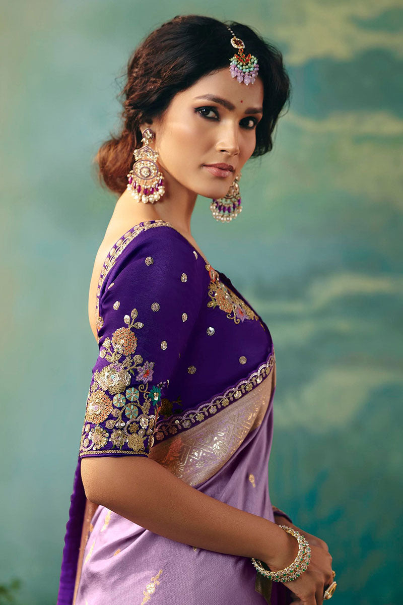 Elegant Lavender Silk Saree with Zari Embroidery RTI