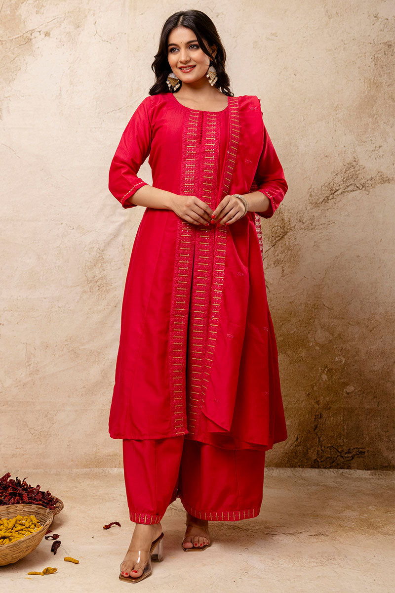 Silk Blend Pink Salwar Kameez Set with Sequins & Thread Work RTI