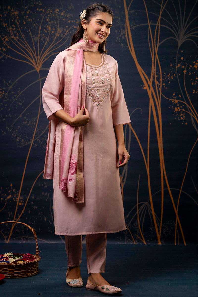 Heavy Embroidered Baby Pink Salwar Kameez with Dupatta – Silk Blend RTI