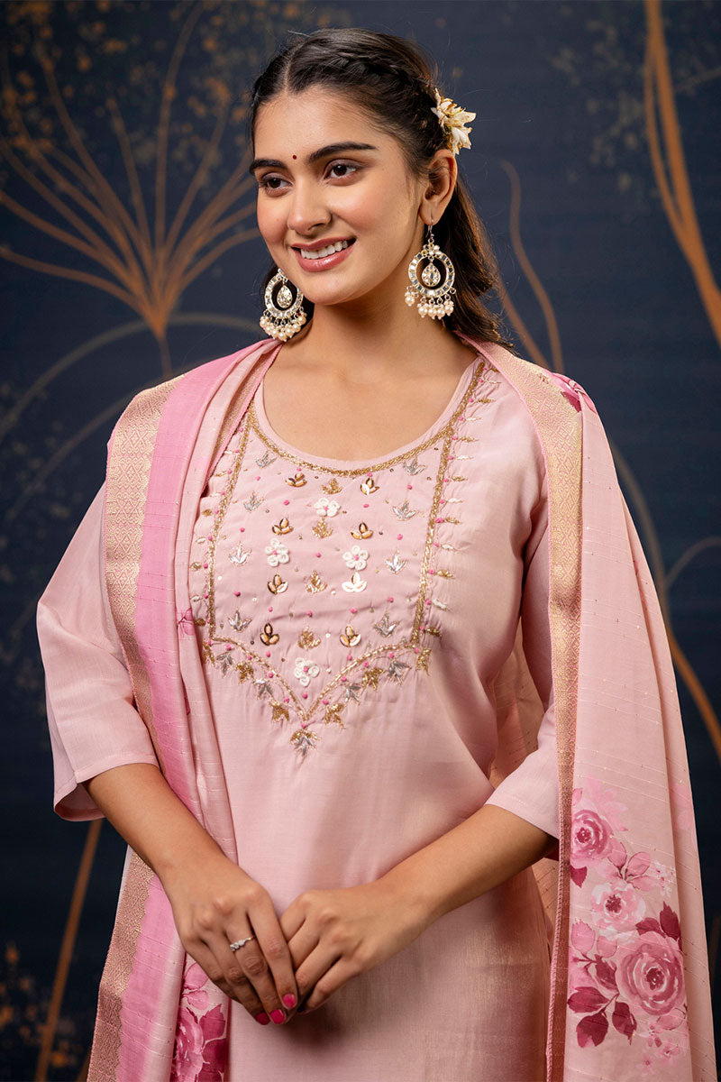 Heavy Embroidered Baby Pink Salwar Kameez with Dupatta – Silk Blend RTI