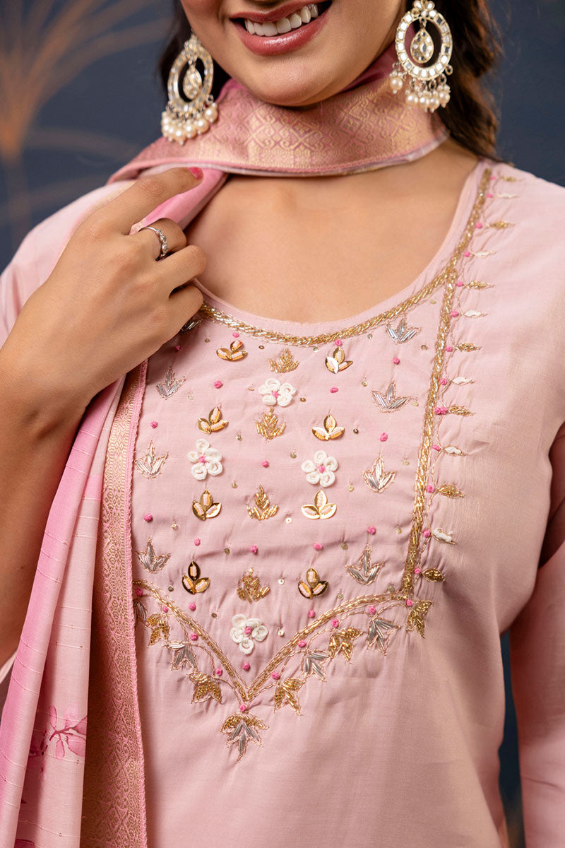 Heavy Embroidered Baby Pink Salwar Kameez with Dupatta – Silk Blend RTI