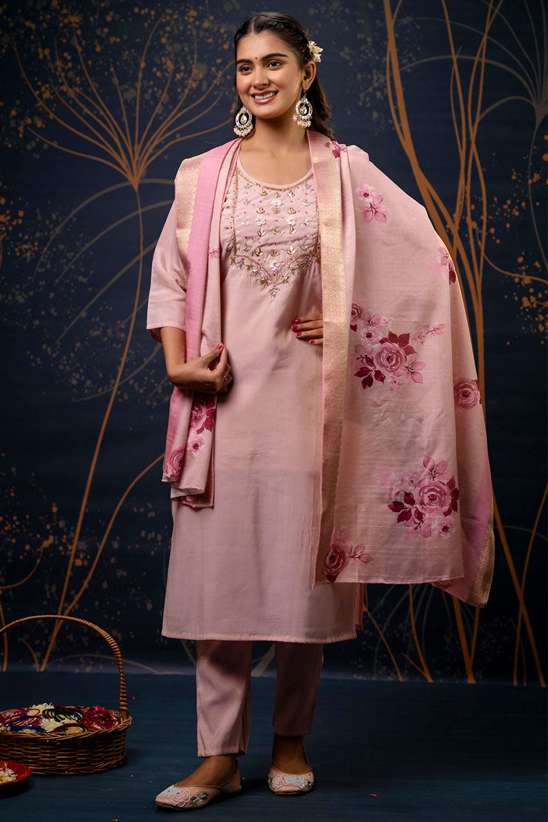 Heavy Embroidered Baby Pink Salwar Kameez with Dupatta – Silk Blend RTI