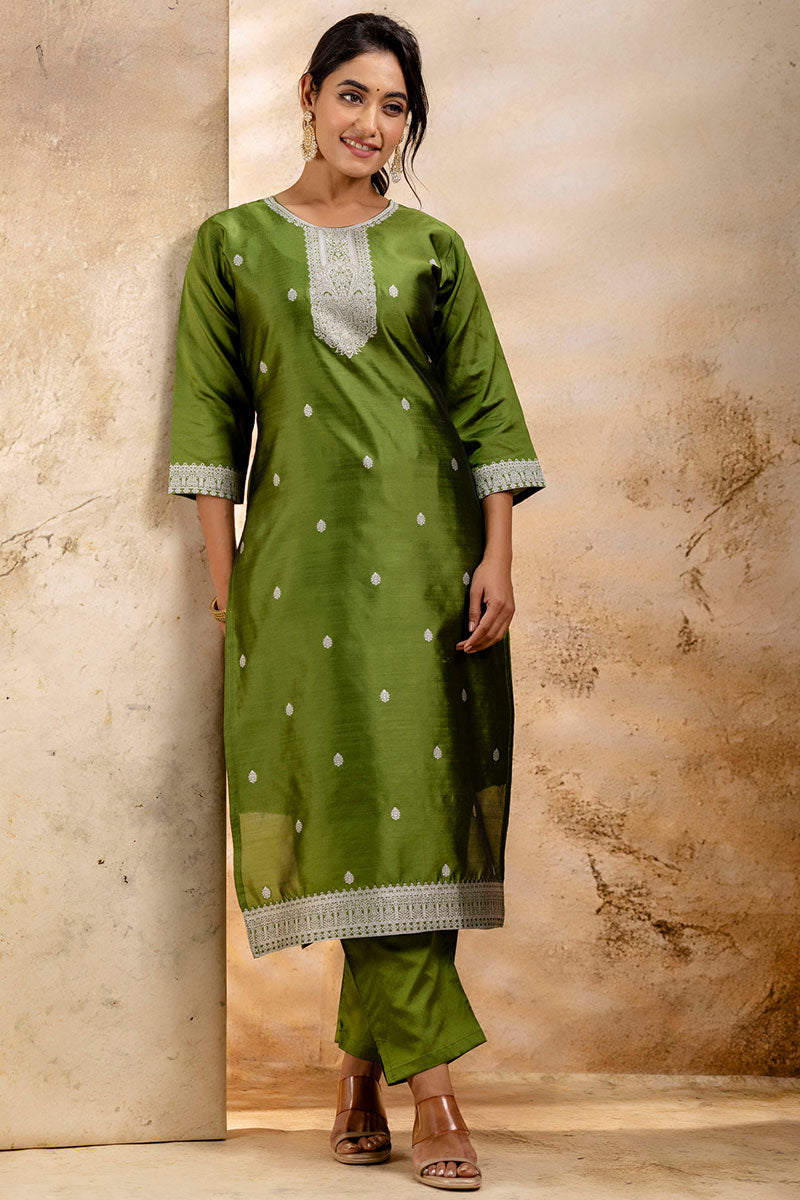 Green Salwar Kameez Set – Silk Blend, Embroidered Design RTI