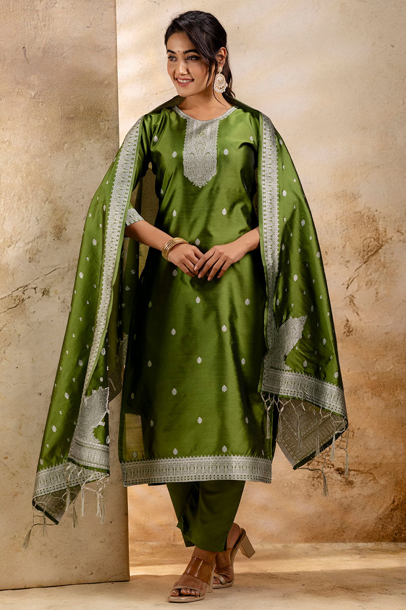Green Salwar Kameez Set – Silk Blend, Embroidered Design RTI