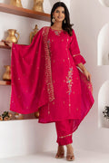 Fuchsia Floral Embroidered Kurta & Pant Set with Dupatta RTI