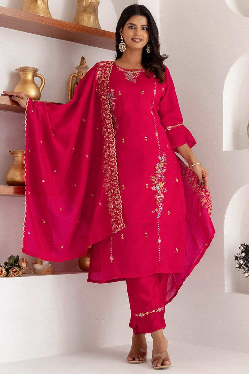 Fuchsia Floral Embroidered Kurta & Pant Set with Dupatta RTI