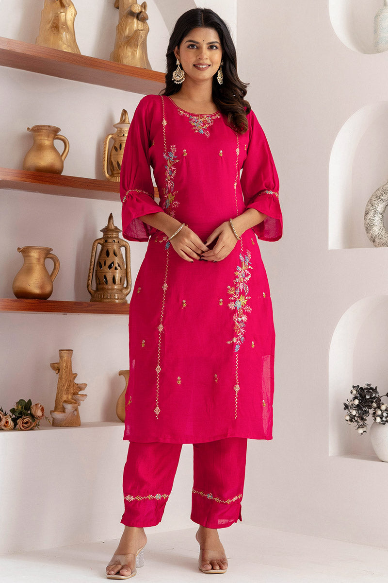 Fuchsia Floral Embroidered Kurta & Pant Set with Dupatta RTI