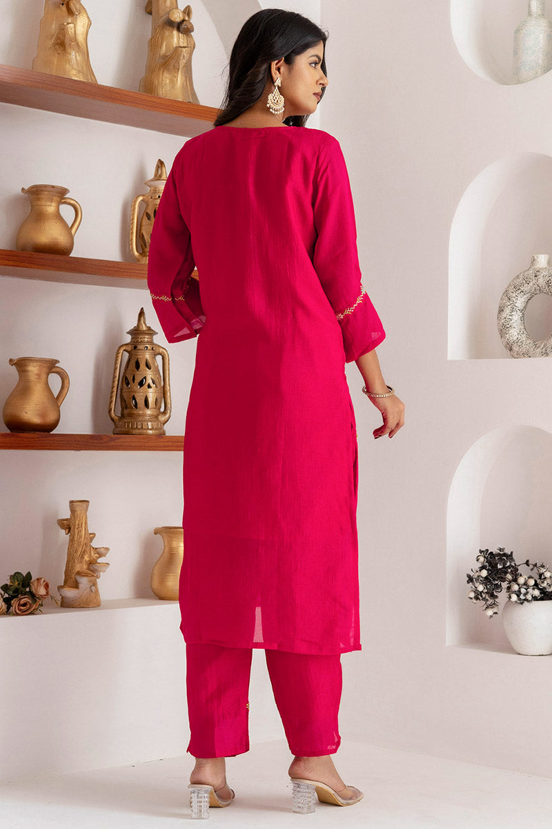 Fuchsia Floral Embroidered Kurta & Pant Set with Dupatta RTI