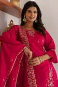 Fuchsia Floral Embroidered Kurta & Pant Set with Dupatta RTI