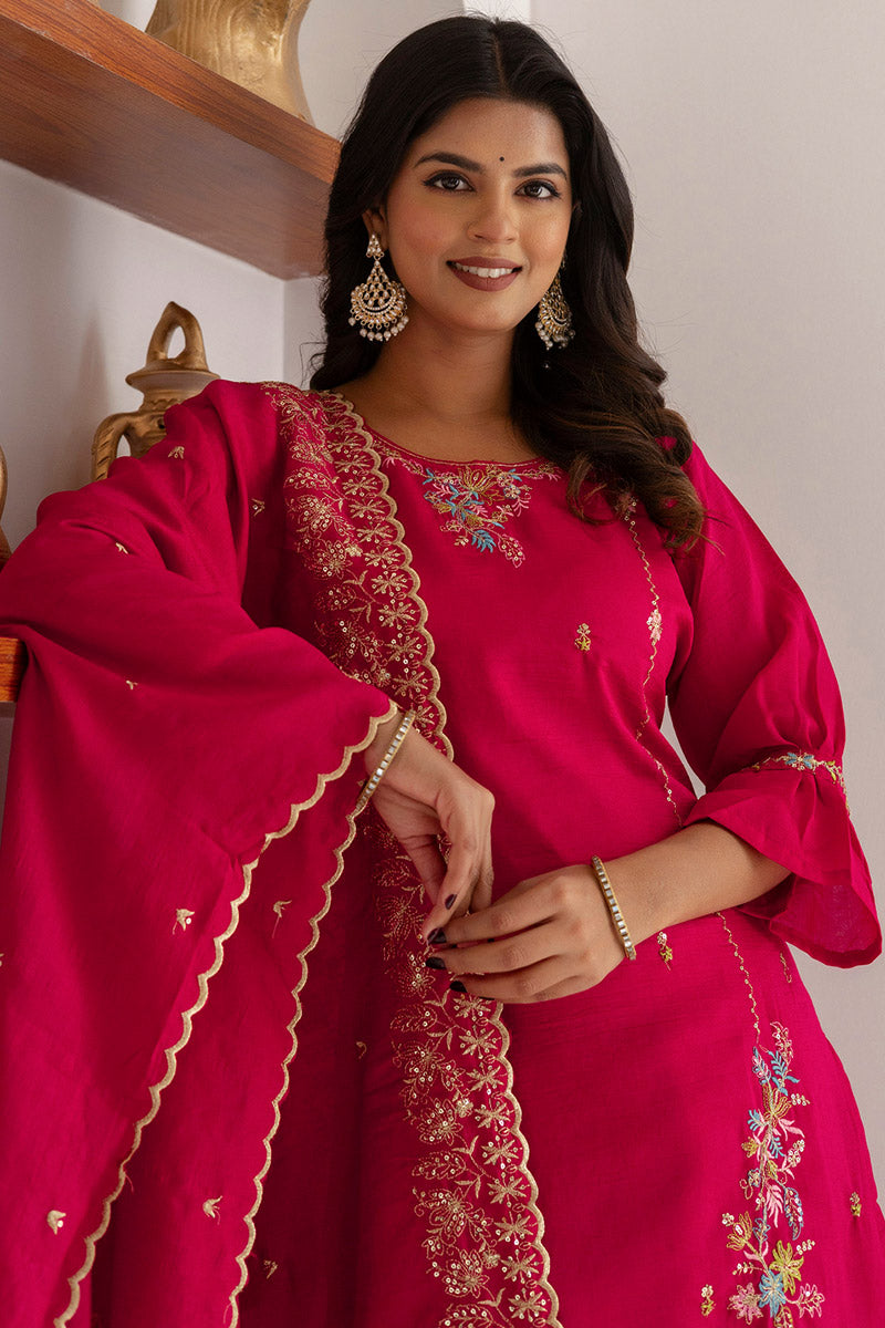 Fuchsia Floral Embroidered Kurta & Pant Set with Dupatta RTI