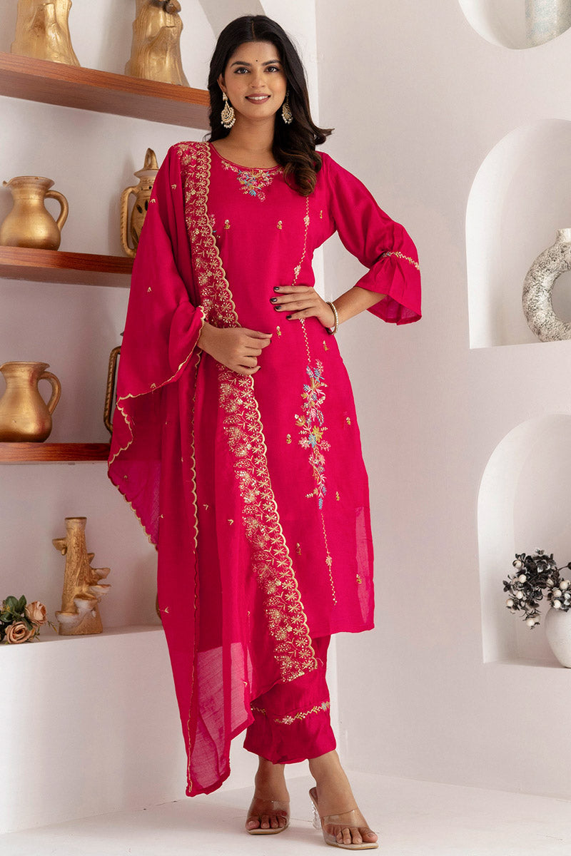 Fuchsia Floral Embroidered Kurta & Pant Set with Dupatta RTI
