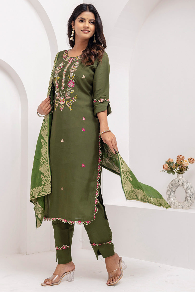 Women’s Mehendi Green Kurta Set | Embroidered Dupatta Outfit at Best Price UK RTI