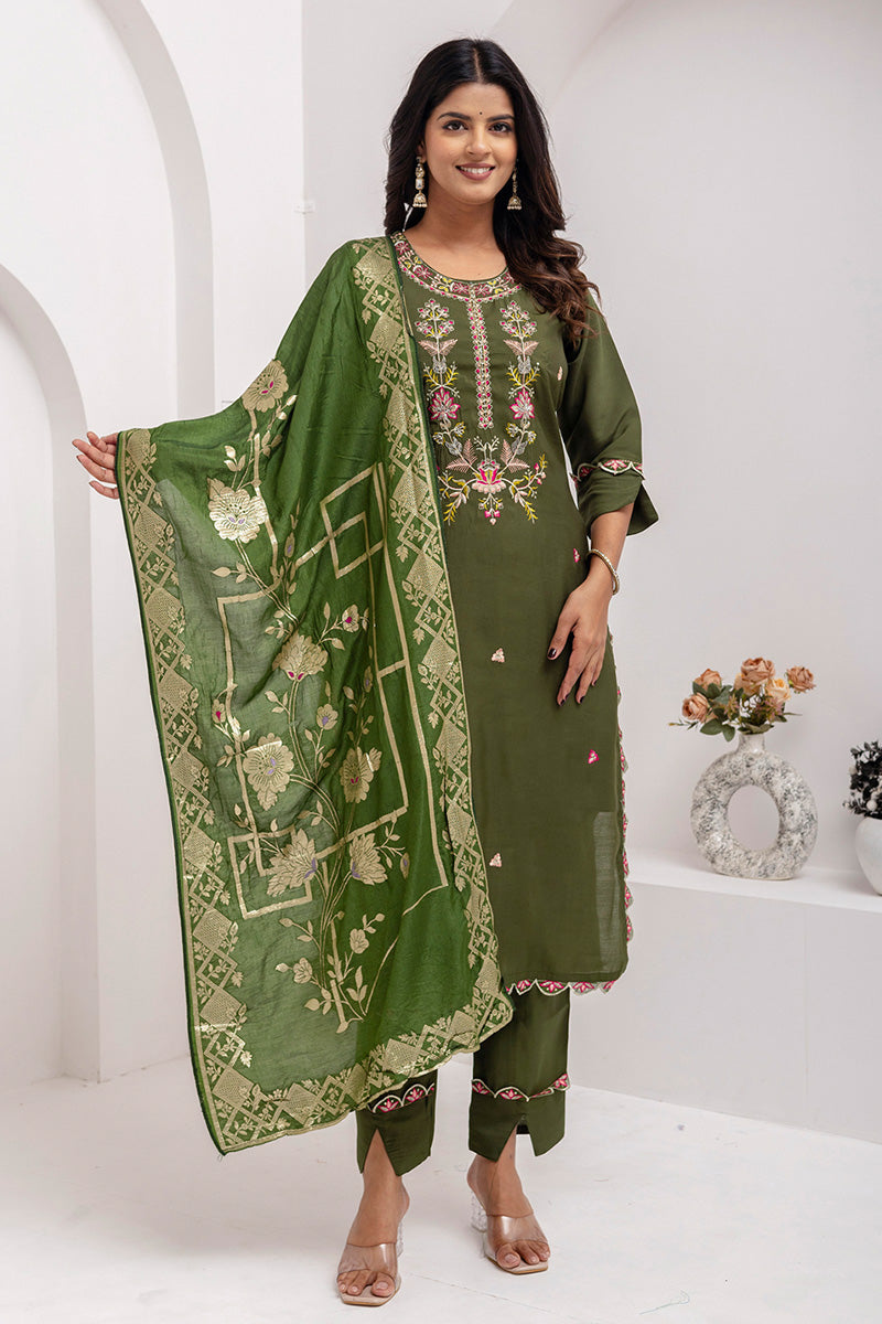 Women’s Mehendi Green Kurta Set | Embroidered Dupatta Outfit at Best Price UK RTI