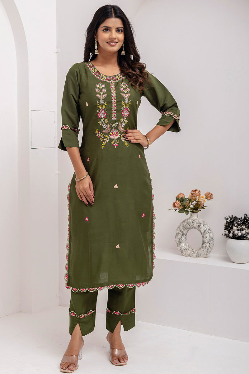 Women’s Mehendi Green Kurta Set | Embroidered Dupatta Outfit at Best Price UK RTI