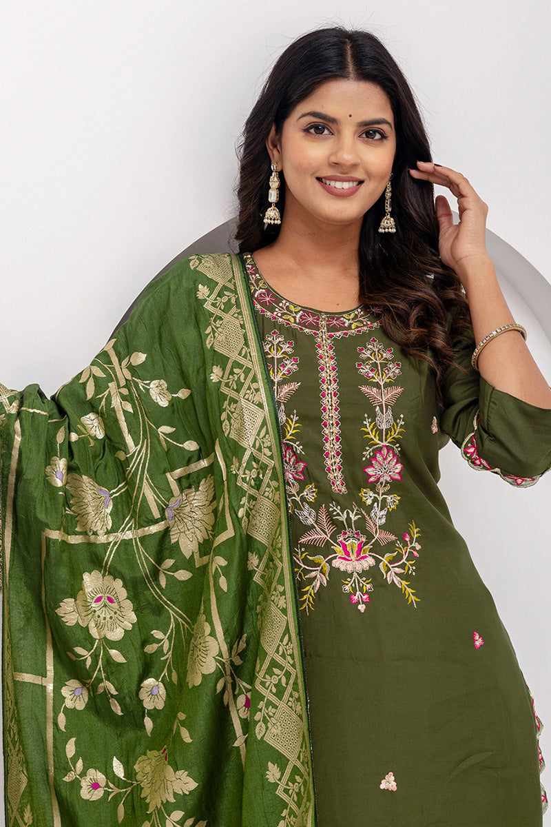 Women’s Mehendi Green Kurta Set | Embroidered Dupatta Outfit at Best Price UK RTI