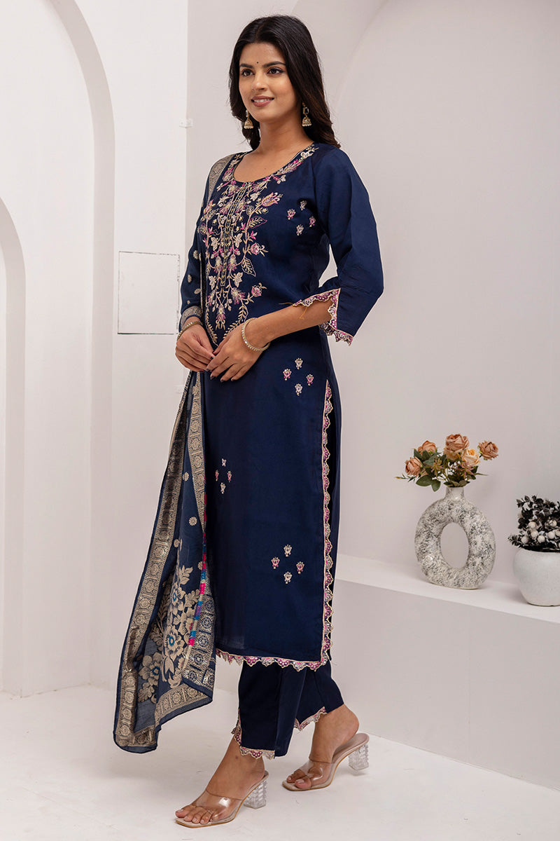 Trendy Fuchsia Embroidered Navy Blue Salwar Suit | Ethnic Fashion Deals UK RTI