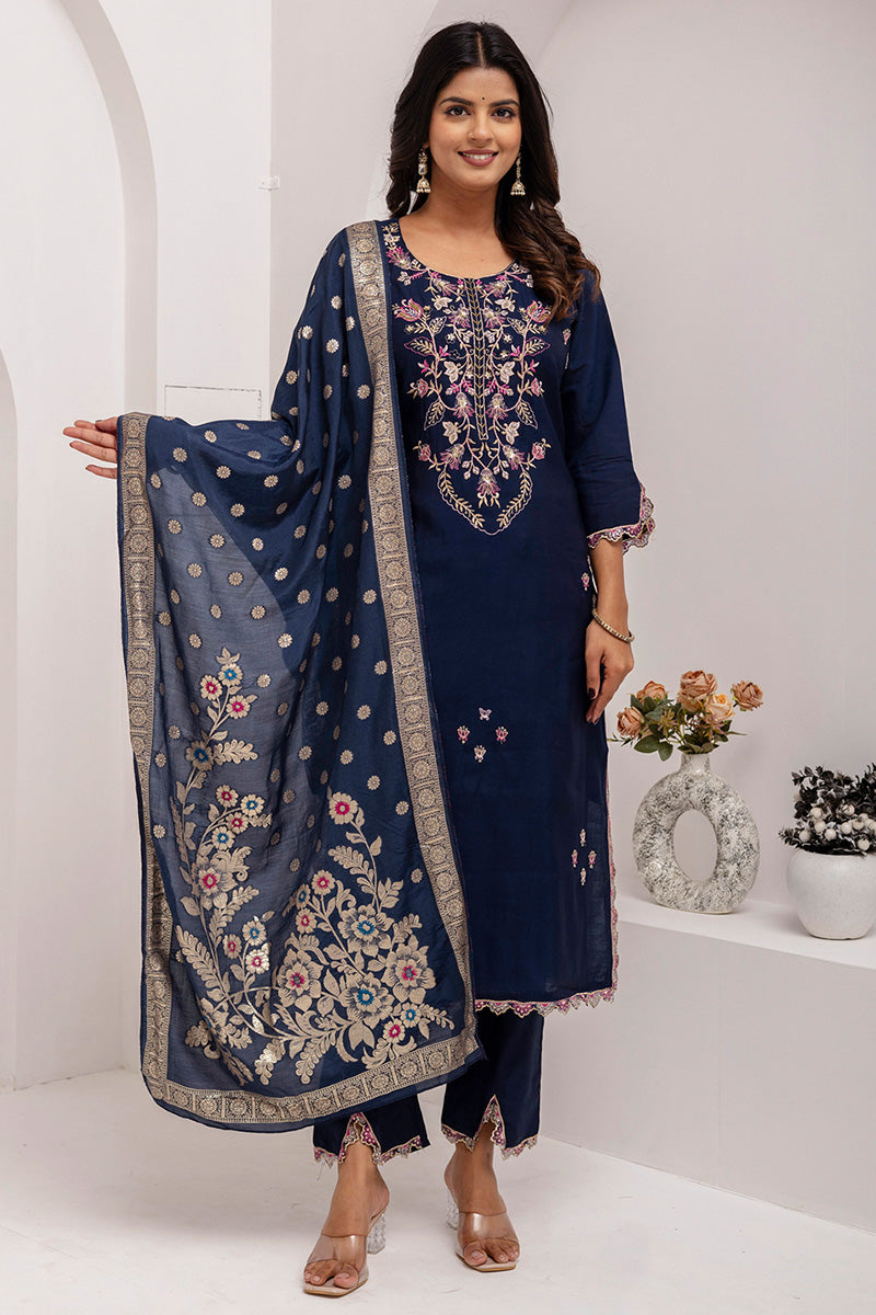 Trendy Fuchsia Embroidered Navy Blue Salwar Suit | Ethnic Fashion Deals UK RTI