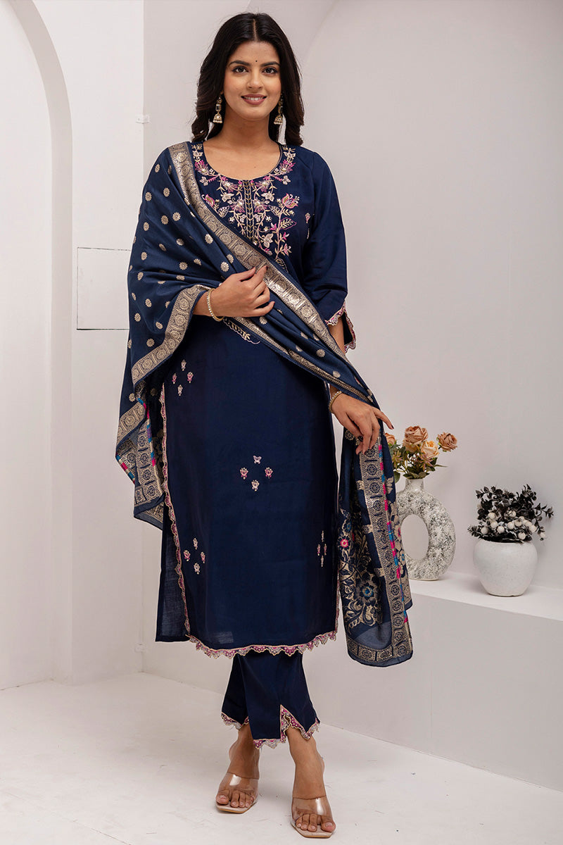 Trendy Fuchsia Embroidered Navy Blue Salwar Suit | Ethnic Fashion Deals UK RTI