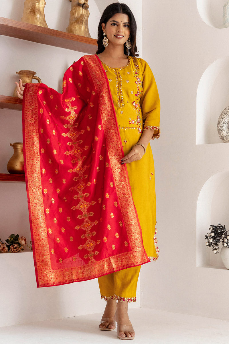 Festive-Ready Fuchsia Yellow Kurta Set | Embroidered Traditional Outfit UK RTI