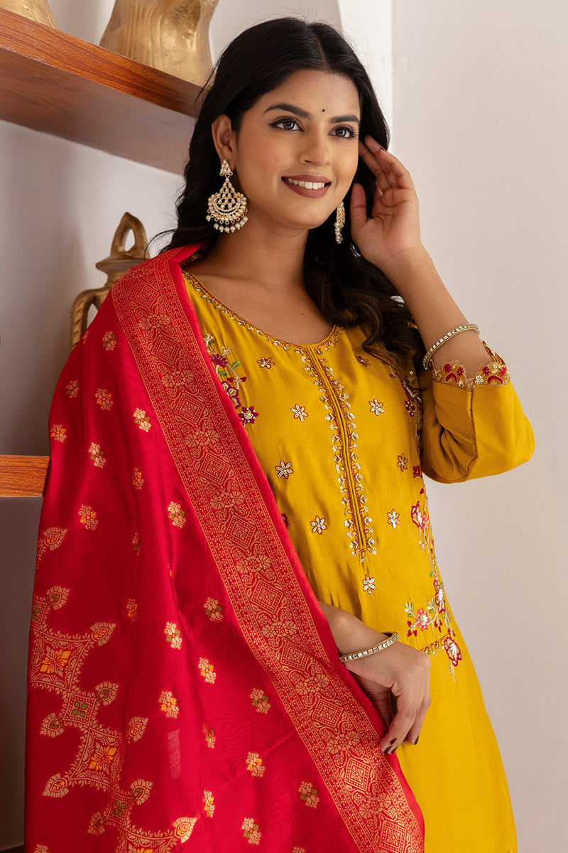 Festive-Ready Fuchsia Yellow Kurta Set | Embroidered Traditional Outfit UK RTI