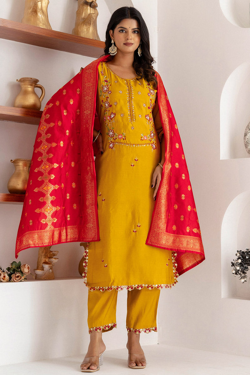 Festive-Ready Fuchsia Yellow Kurta Set | Embroidered Traditional Outfit UK RTI