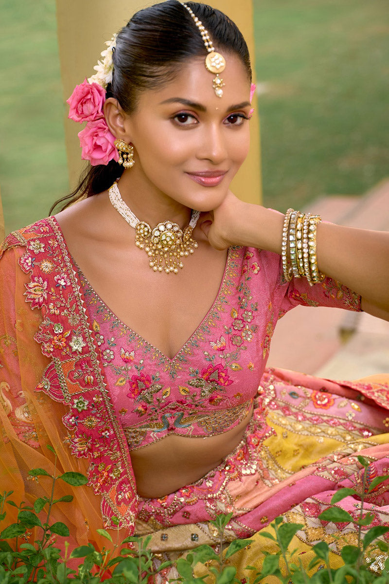 Rose & Peach Multi-Tone Embroidered Lehenga Set with Dupatta RTI