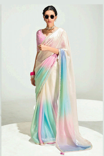 Multicolor Trendy Organza Saree with Sequins Embroidered Blouse LF
