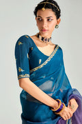 Multicolor Trendy Organza Saree with Sequins Embroidered Blue Blouse LF