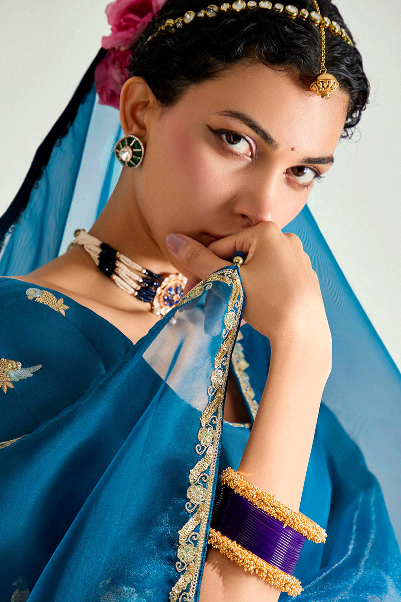 Multicolor Trendy Organza Saree with Sequins Embroidered Blue Blouse LF