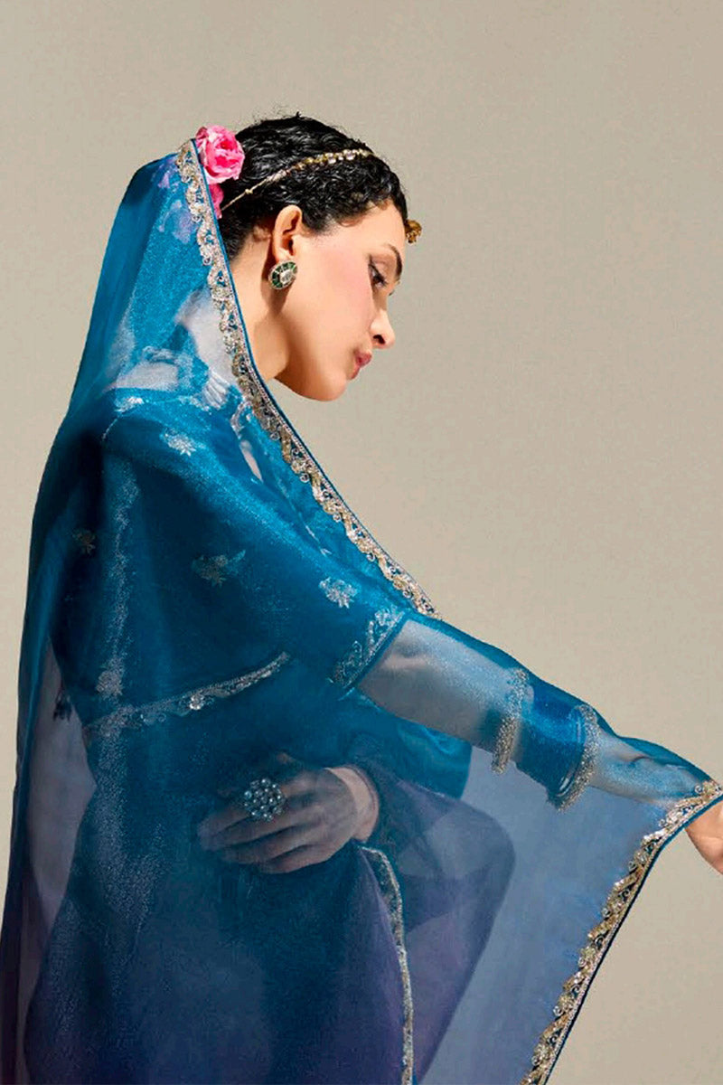 Multicolor Trendy Organza Saree with Sequins Embroidered Blue Blouse LF