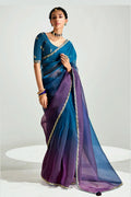 Multicolor Trendy Organza Saree with Sequins Embroidered Blue Blouse LF
