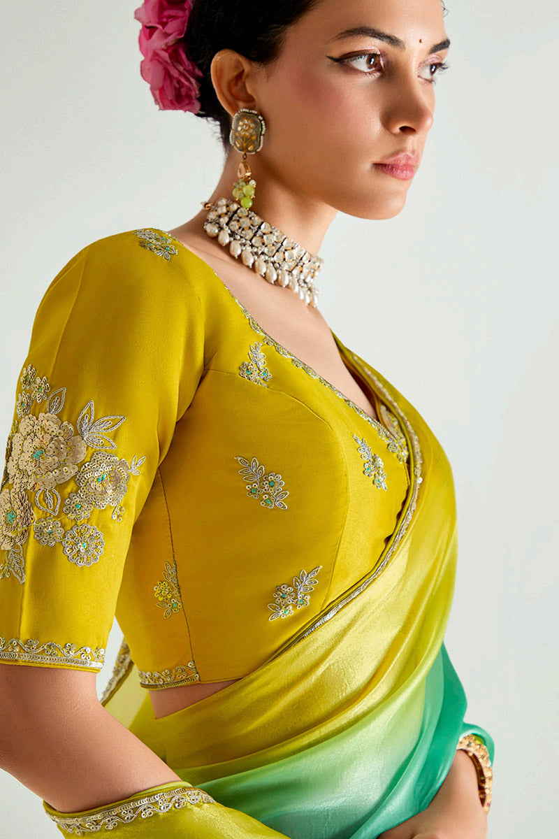 Green Trendy Organza Saree with Sequins Embroidered Lemon Yellow Blouse LF