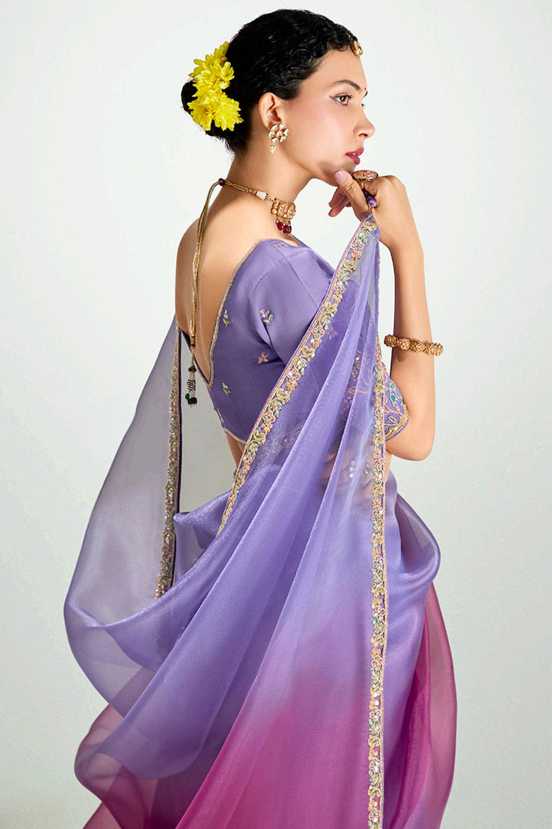 Lavender Trendy Organza Saree with Sequins Embroidered Wine Blouse LF
