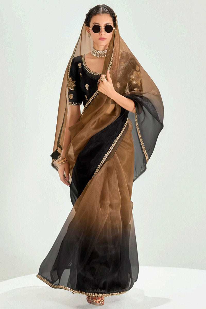 Brown Trendy Organza Saree with Sequins Embroidered Black Blouse LF